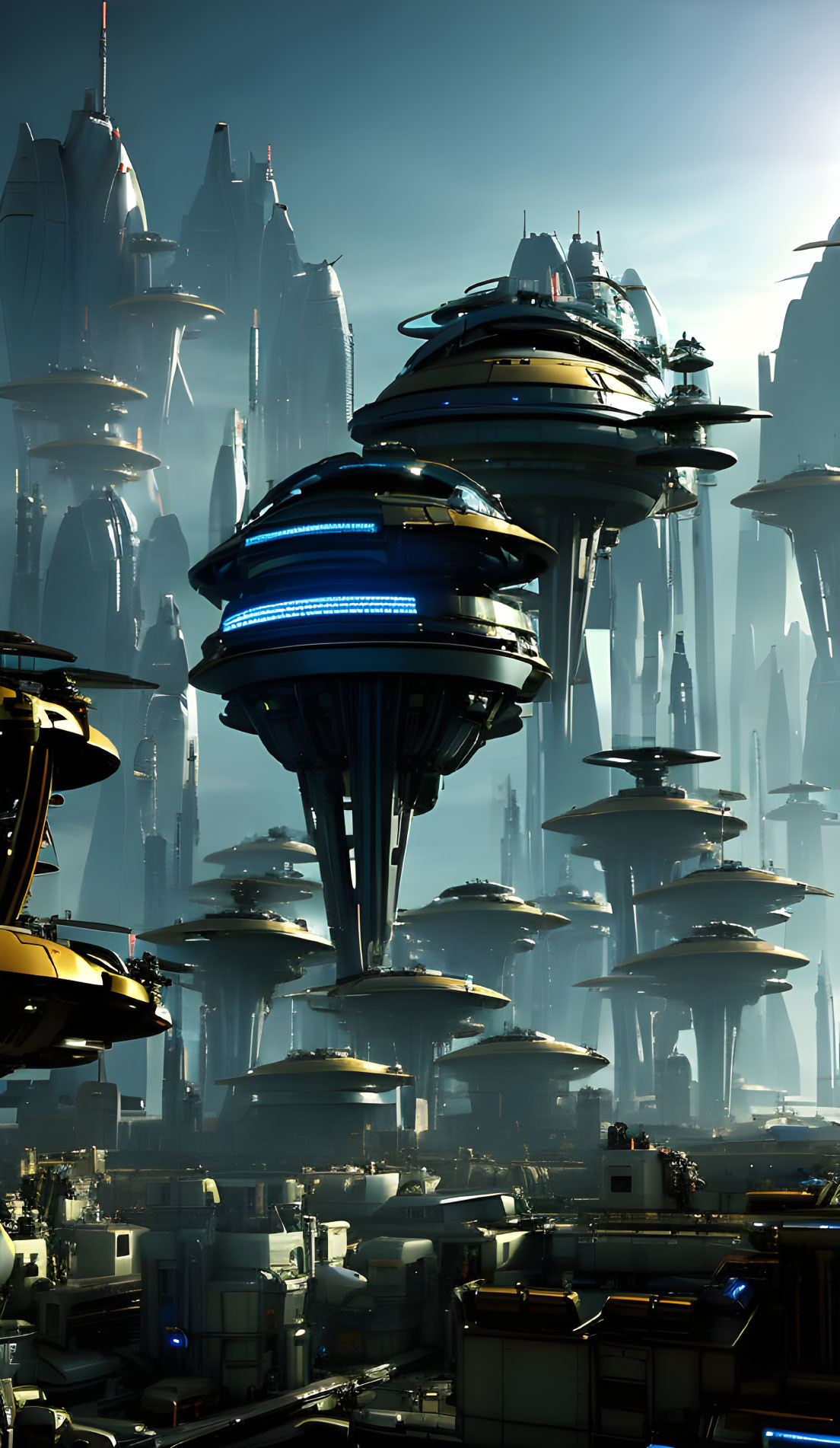 Futuristic cityscape with towering skyscrapers and floating structures