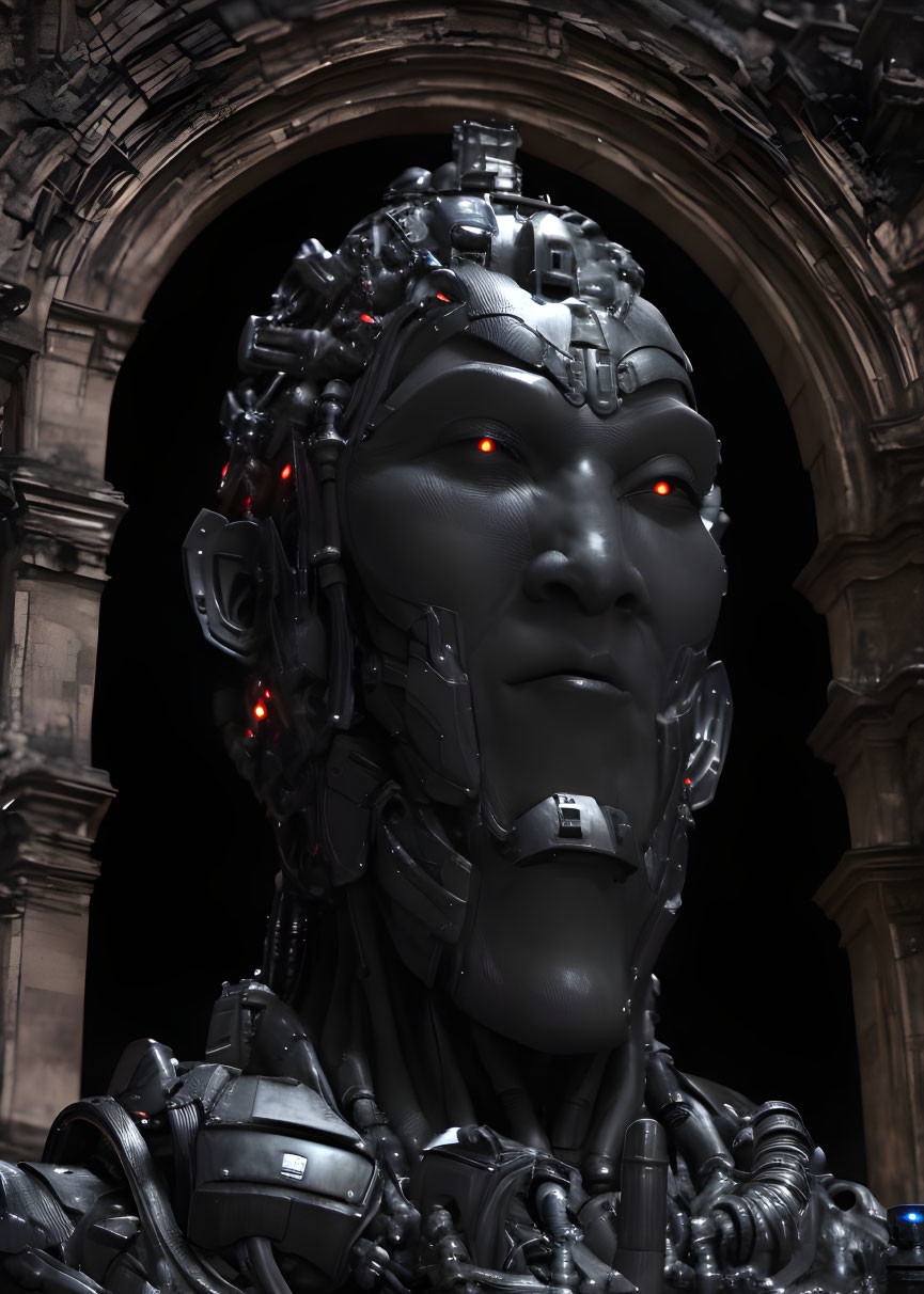 Hyper-realistic robotic head and shoulders with glowing red eyes against arched structure