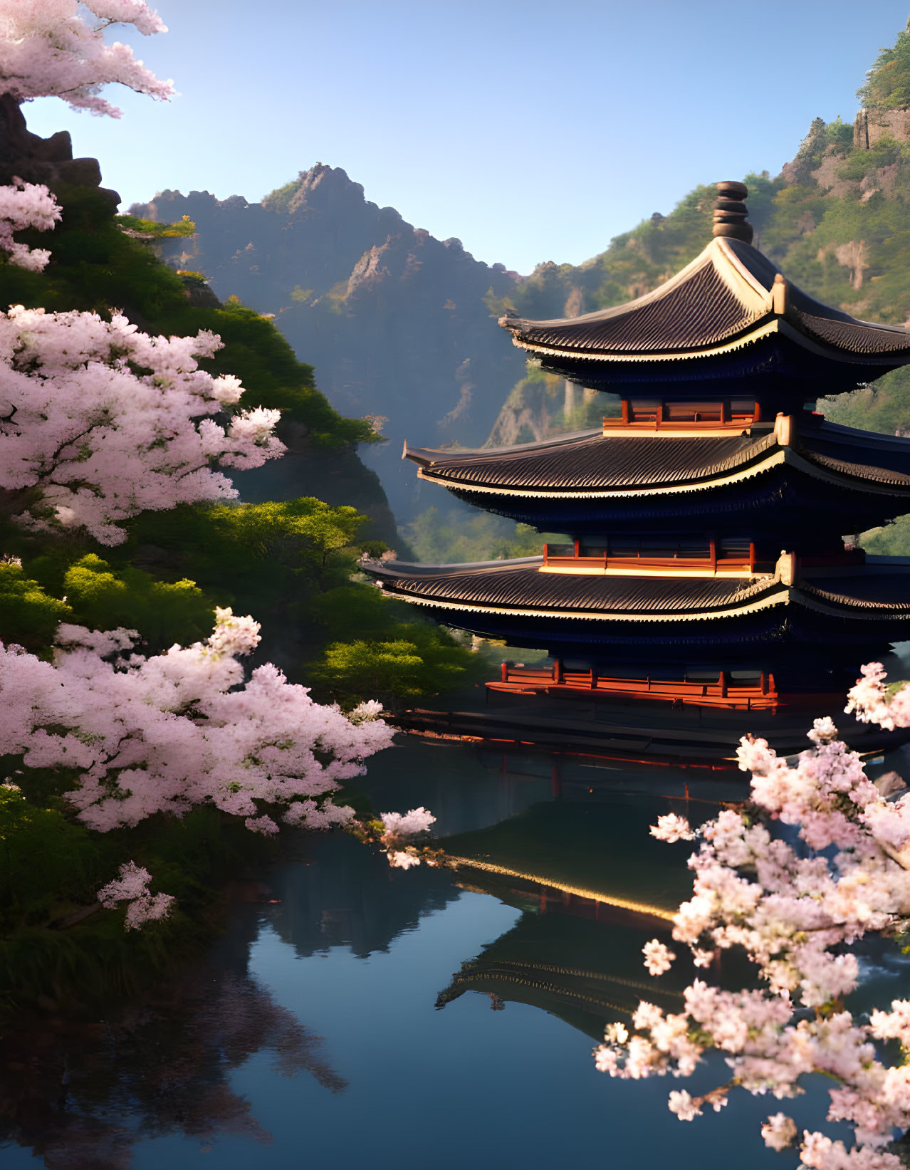 Traditional pagoda by calm lake, cherry blossoms, mountains.