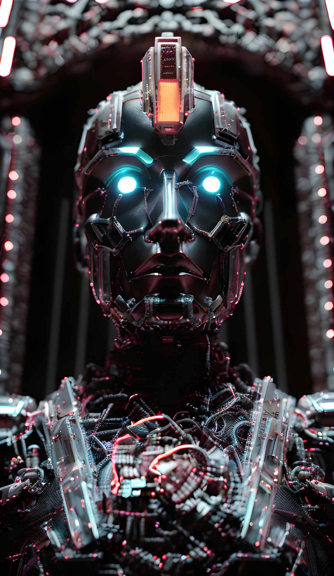 Highly Detailed Robot with Human-Like Face and Illuminated Blue Eyes