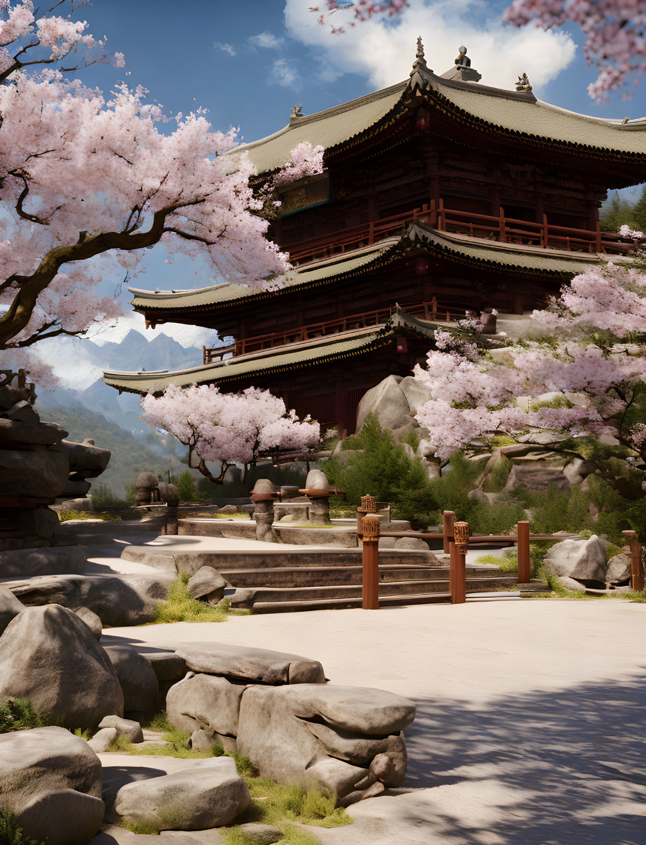 Traditional Asian-style wooden building surrounded by cherry blossoms and mountains