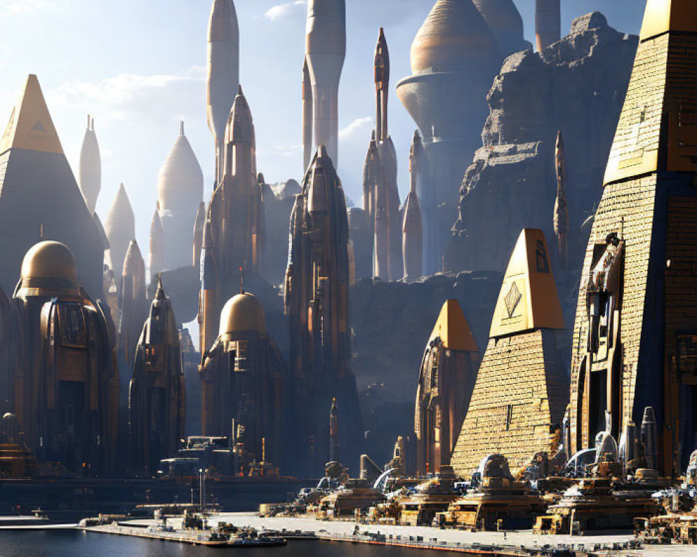 Futuristic cityscape with towering spires and pyramidal structures