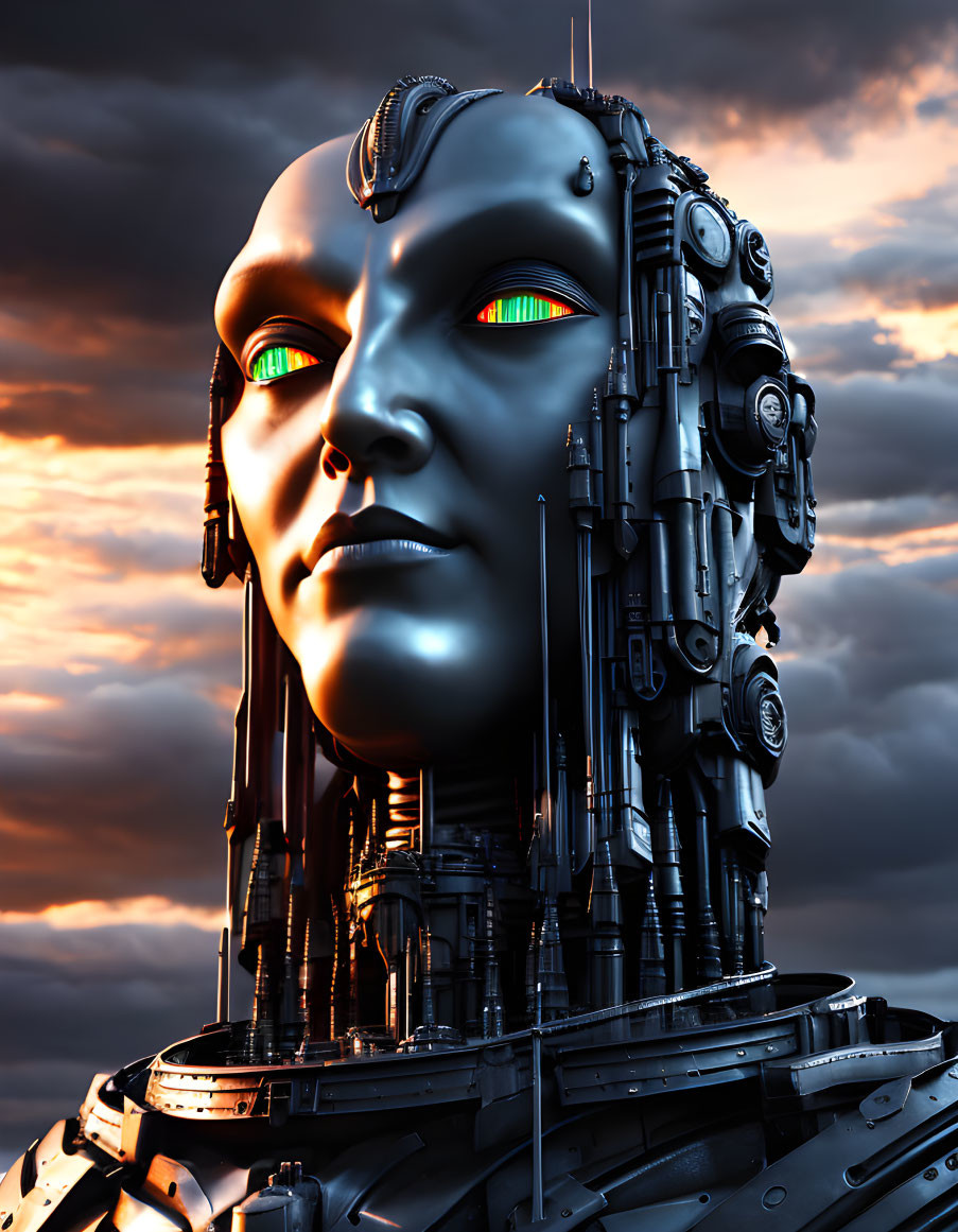 Detailed robotic head with human-like face & green glowing eyes in dramatic cloudy sky