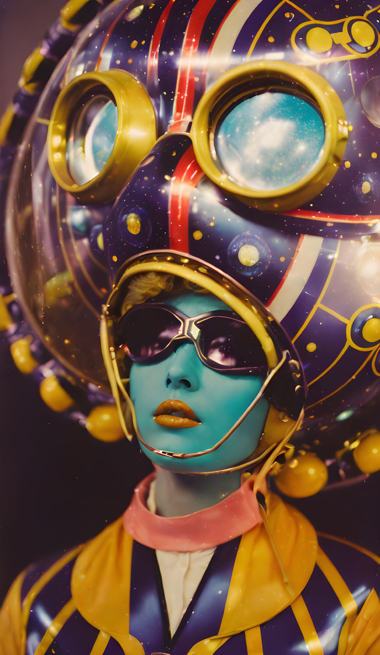 Elaborate Cosmic-Themed Helmet with Yellow and Purple Suit