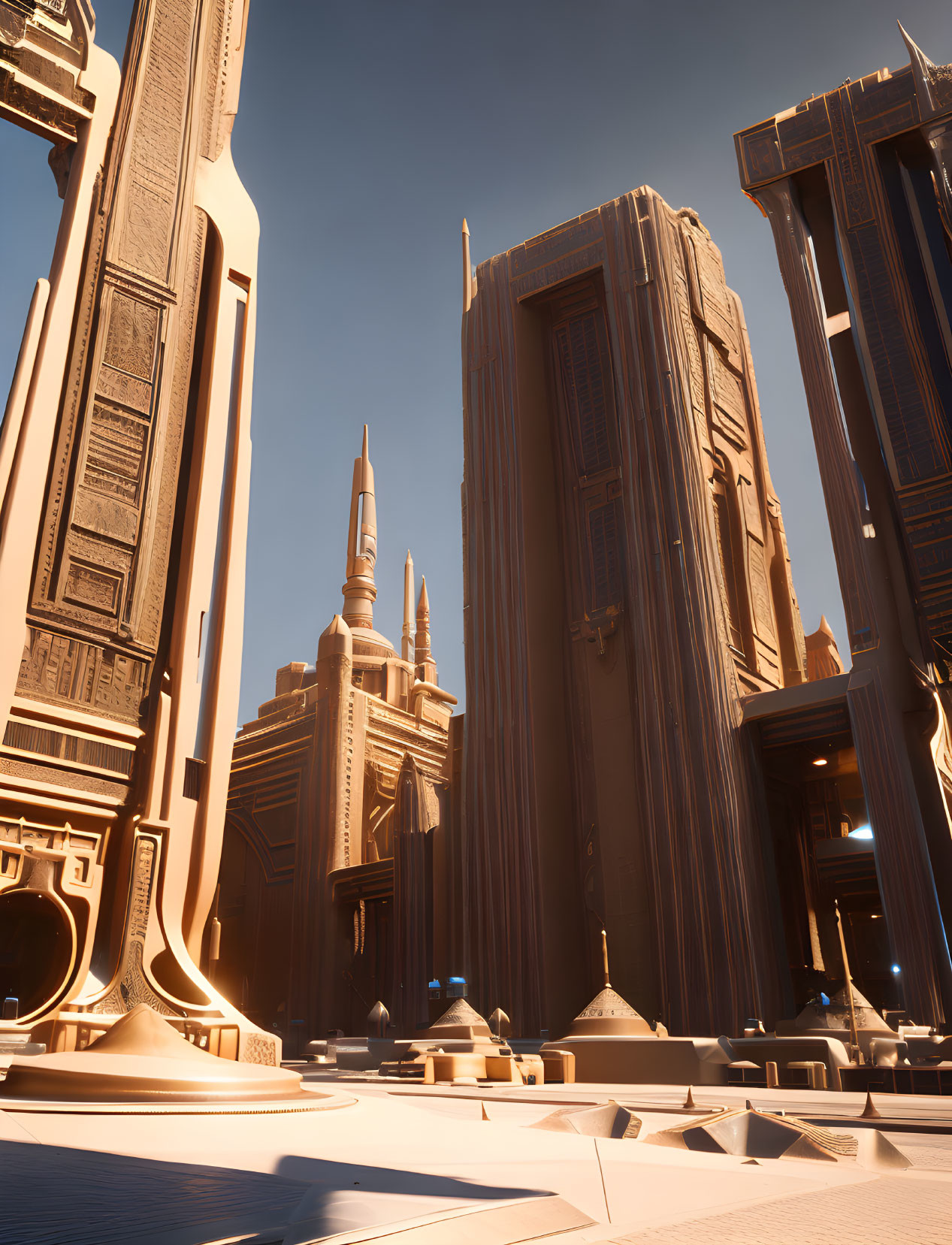 Futuristic digital art: intricate towers in warm sunlight