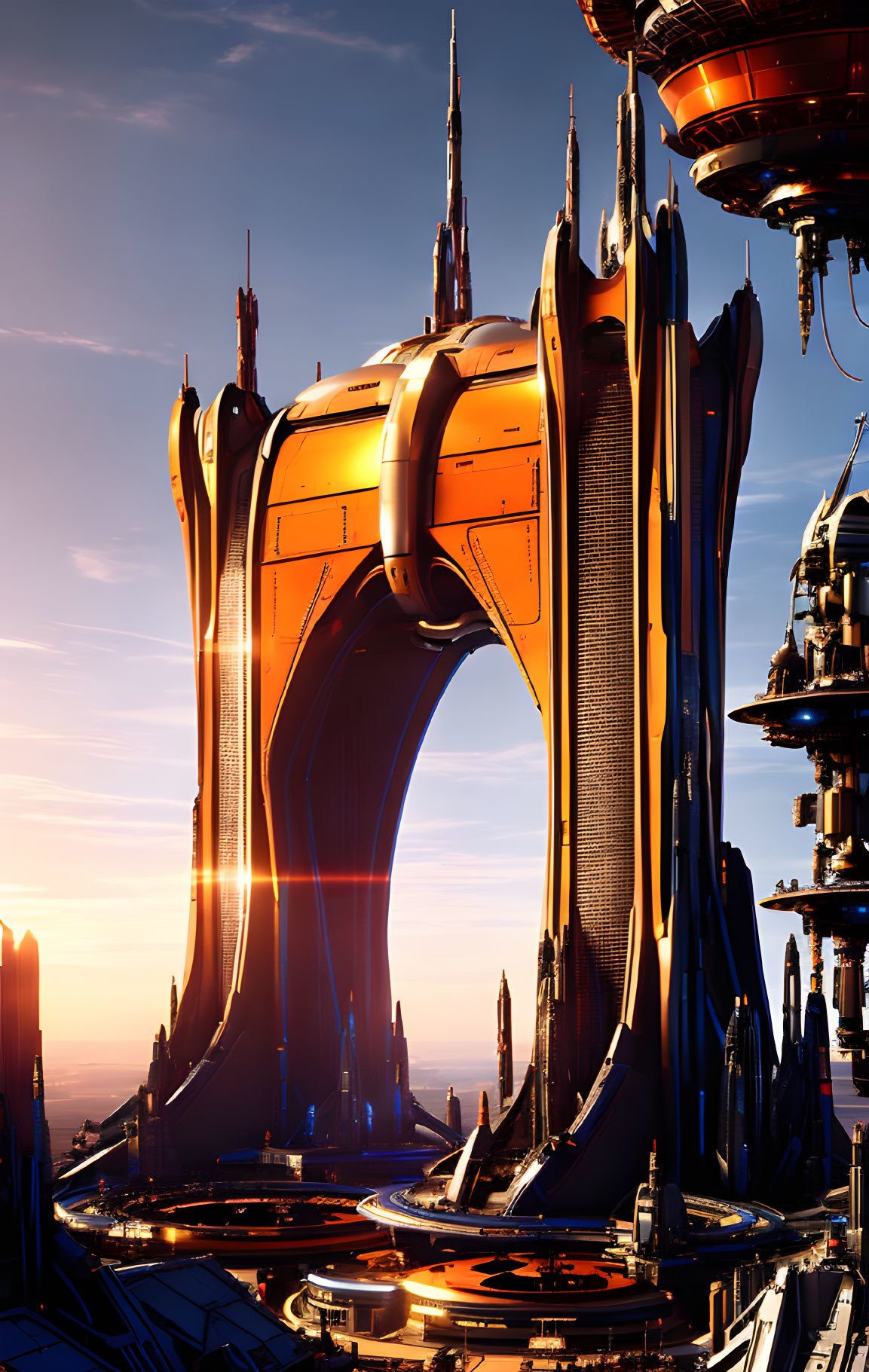 Golden Skyscrapers in Futuristic Cityscape at Sunset