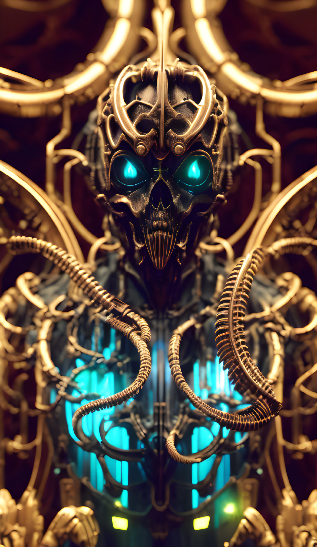 Detailed futuristic robotic skull with glowing blue eyes and intricate metal components.