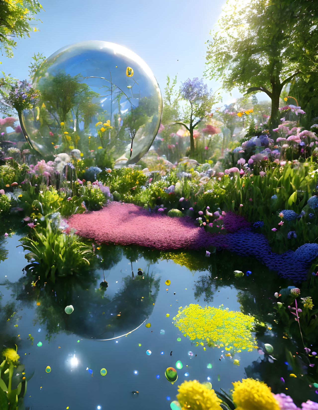 Colorful Flower Garden with Transparent Bubble, Purple Pathway, and Serene Pond