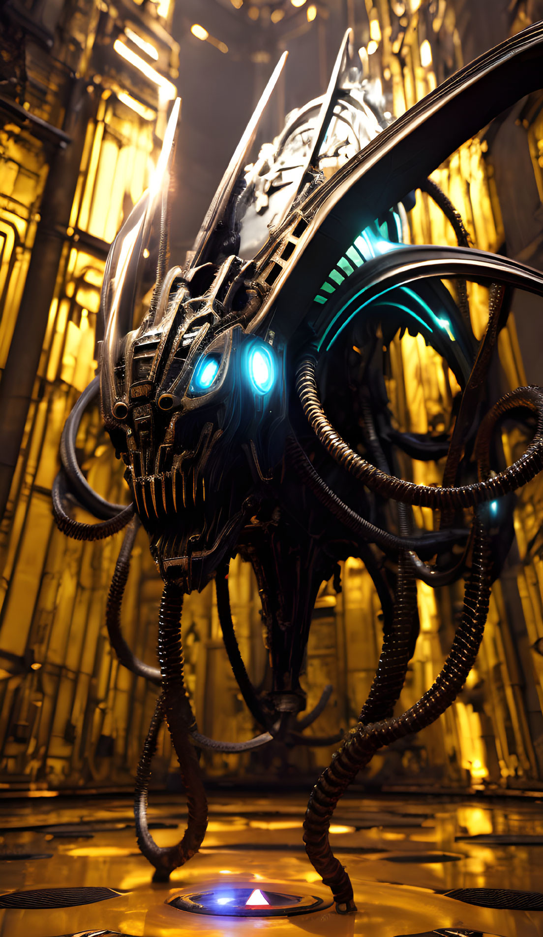 Glowing blue-eyed mechanical creature in dimly lit cathedral interior