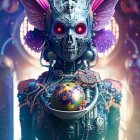 Detailed Futuristic Robot with Skull-like Head, Glowing Red Eyes, Purple Wings & Glowing Orb