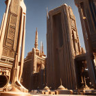 Futuristic digital art: intricate towers in warm sunlight
