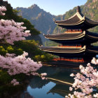 Traditional pagoda by calm lake, cherry blossoms, mountains.