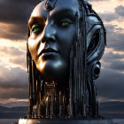 Detailed robotic head with human-like face & green glowing eyes in dramatic cloudy sky