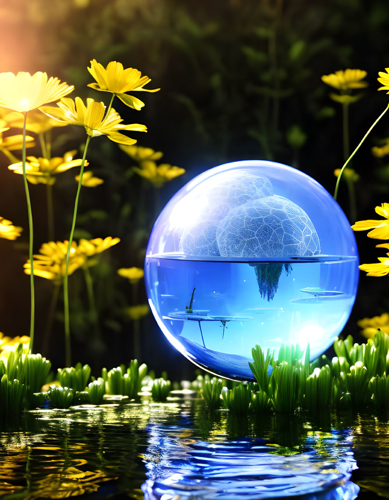 Translucent Globe Floating Above Water with Yellow Flowers