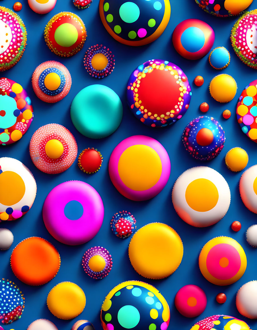 Multicolored 3D Balls with Patterns on Blue Background