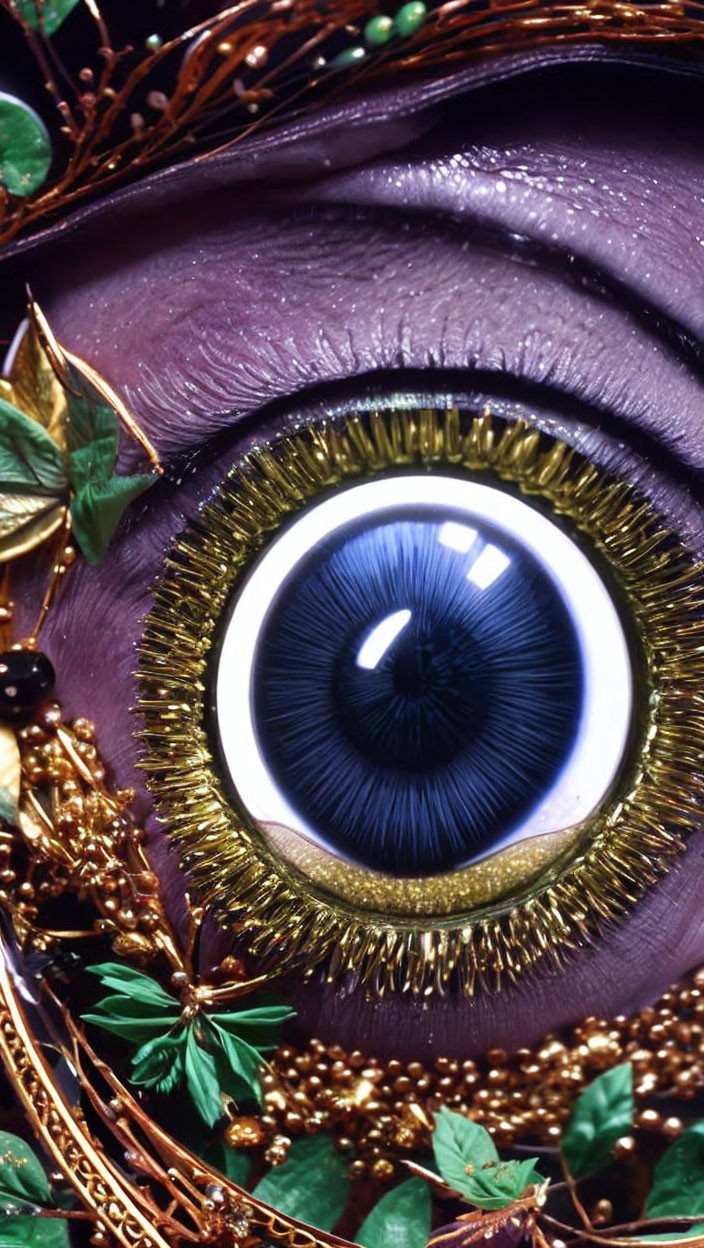 Eye with artistic makeup: golden circle, green leaf, berry decorations