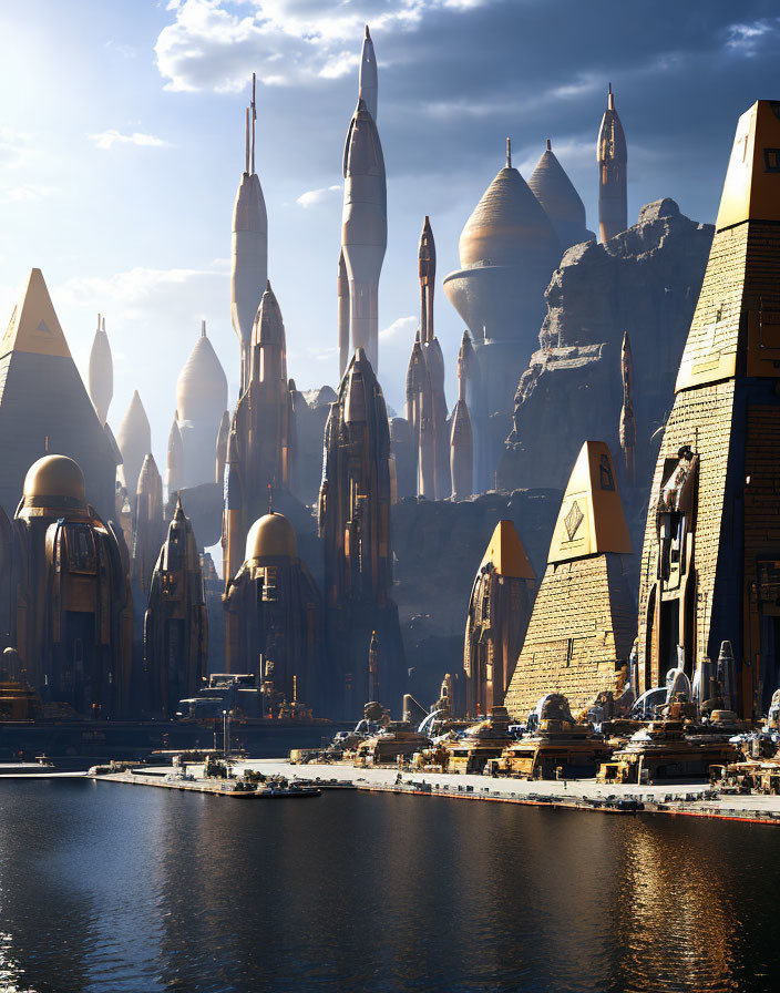 Futuristic cityscape with towering spires and pyramidal structures