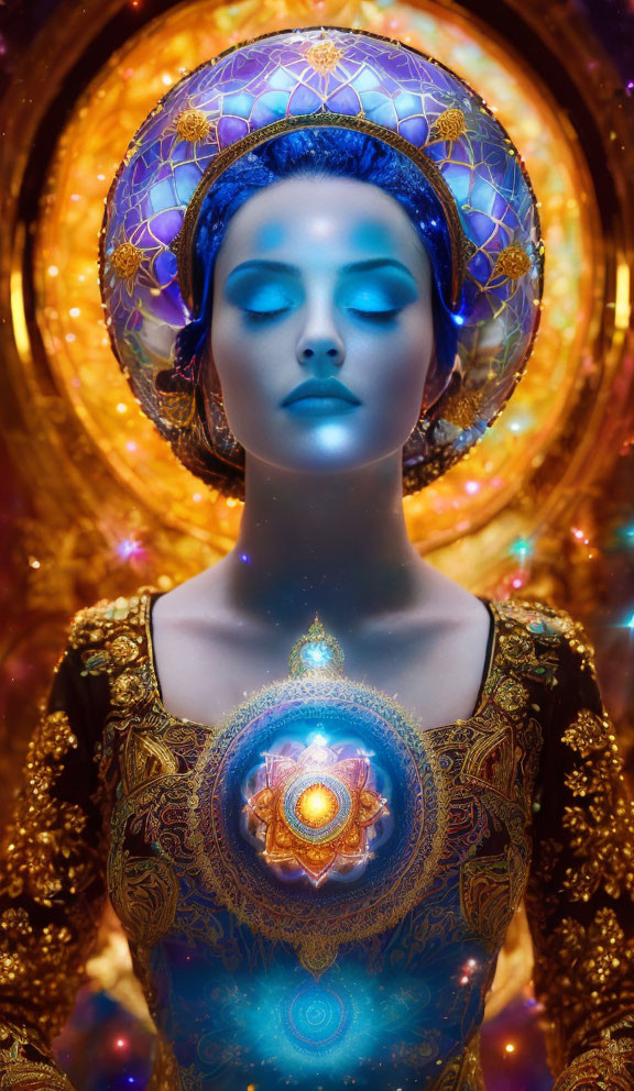 Blue-skinned woman in golden attire with glowing mandala, amidst warm kaleidoscope.