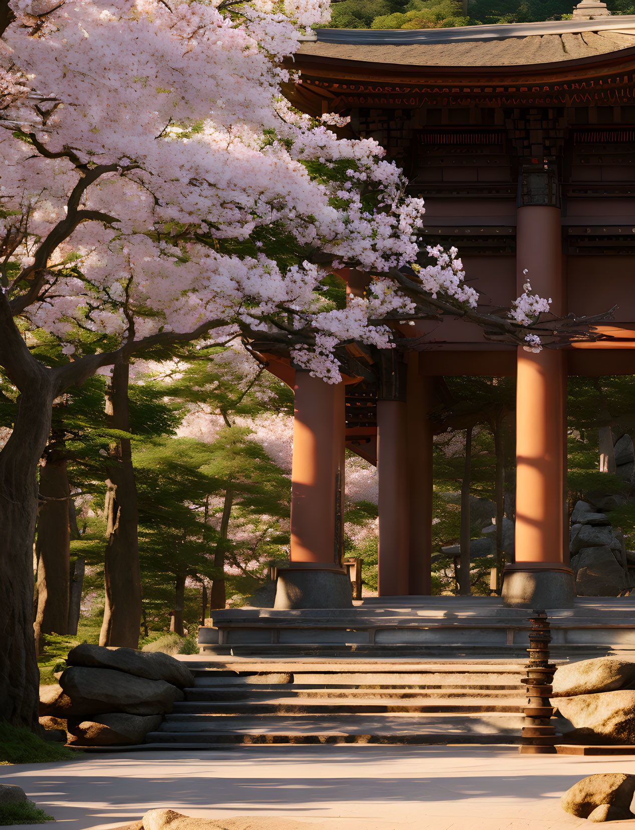 Traditional pagoda with blooming cherry blossoms in soft sunlight