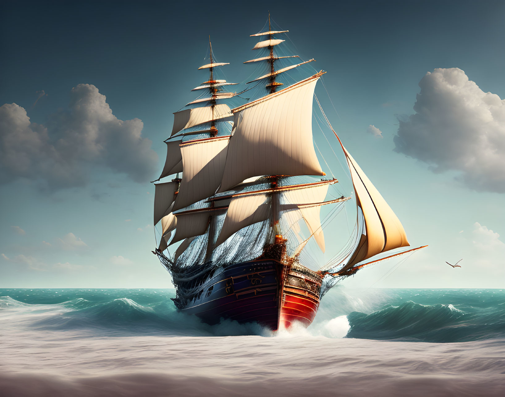 Tall ship sailing on high seas with billowing white sails