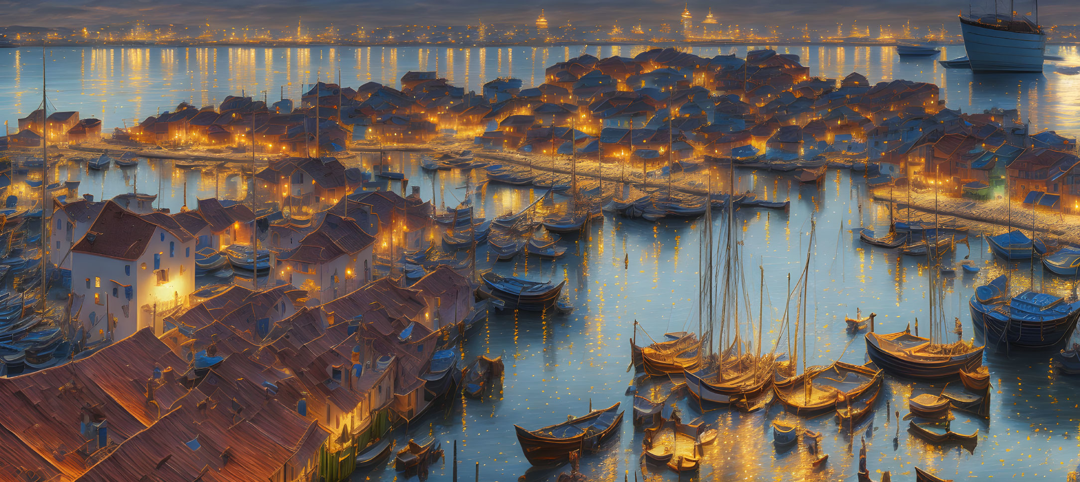 Scenic harbor at dusk with illuminated houses and boats on calm waters