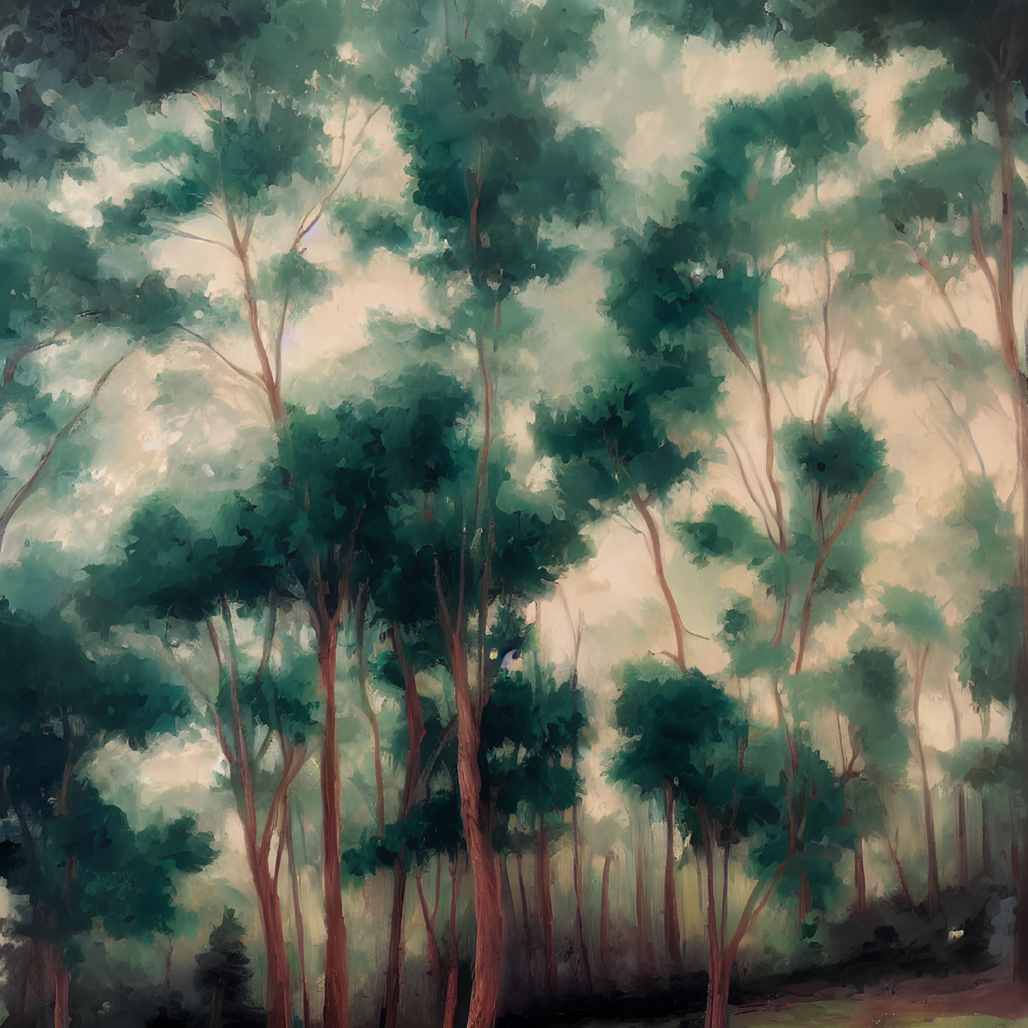 Impressionistic painting of dense forest with tall green trees