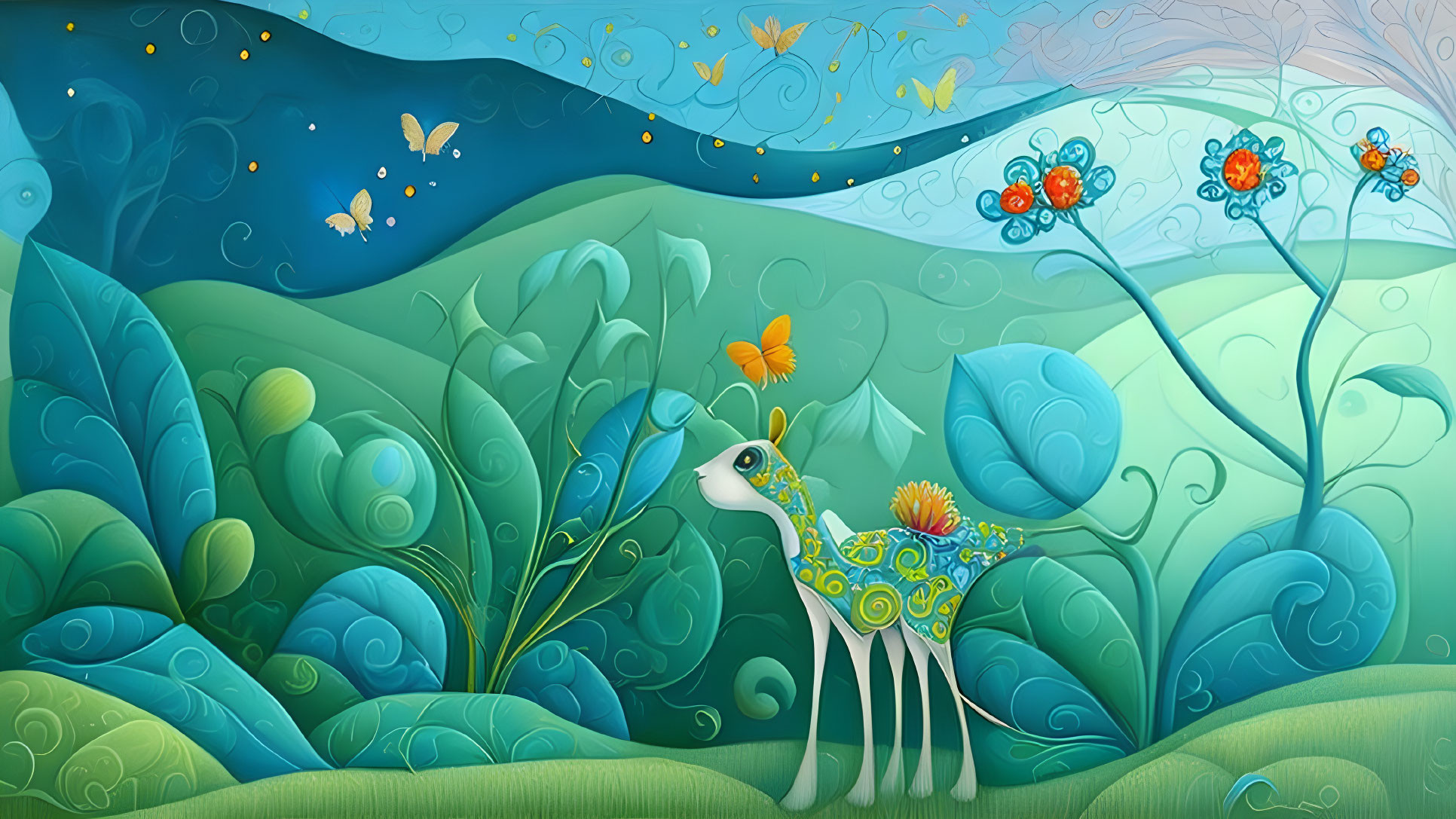 Whimsical deer among vibrant foliage and butterflies