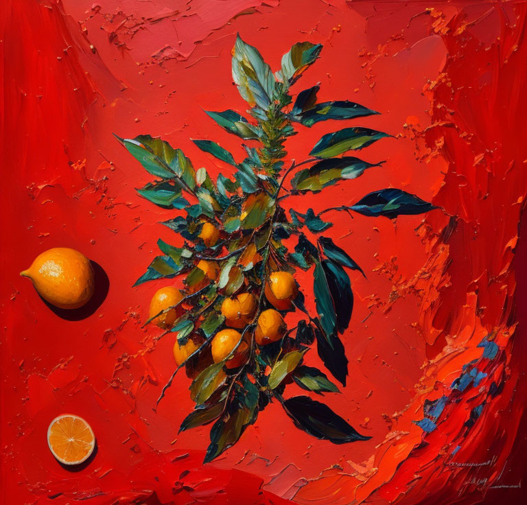Colorful oil painting of branch with green leaves, orange fruits, red backdrop, and lemon slice.