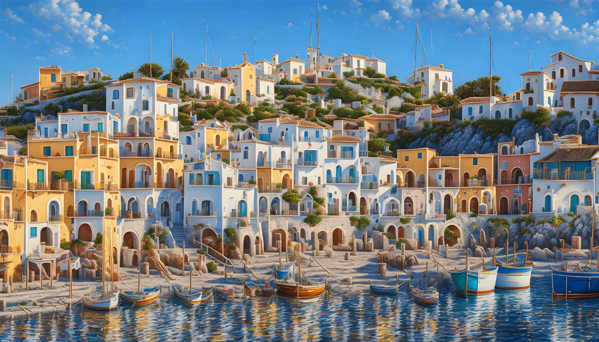 Vibrant Coastal Village with Colorful Houses and Boats