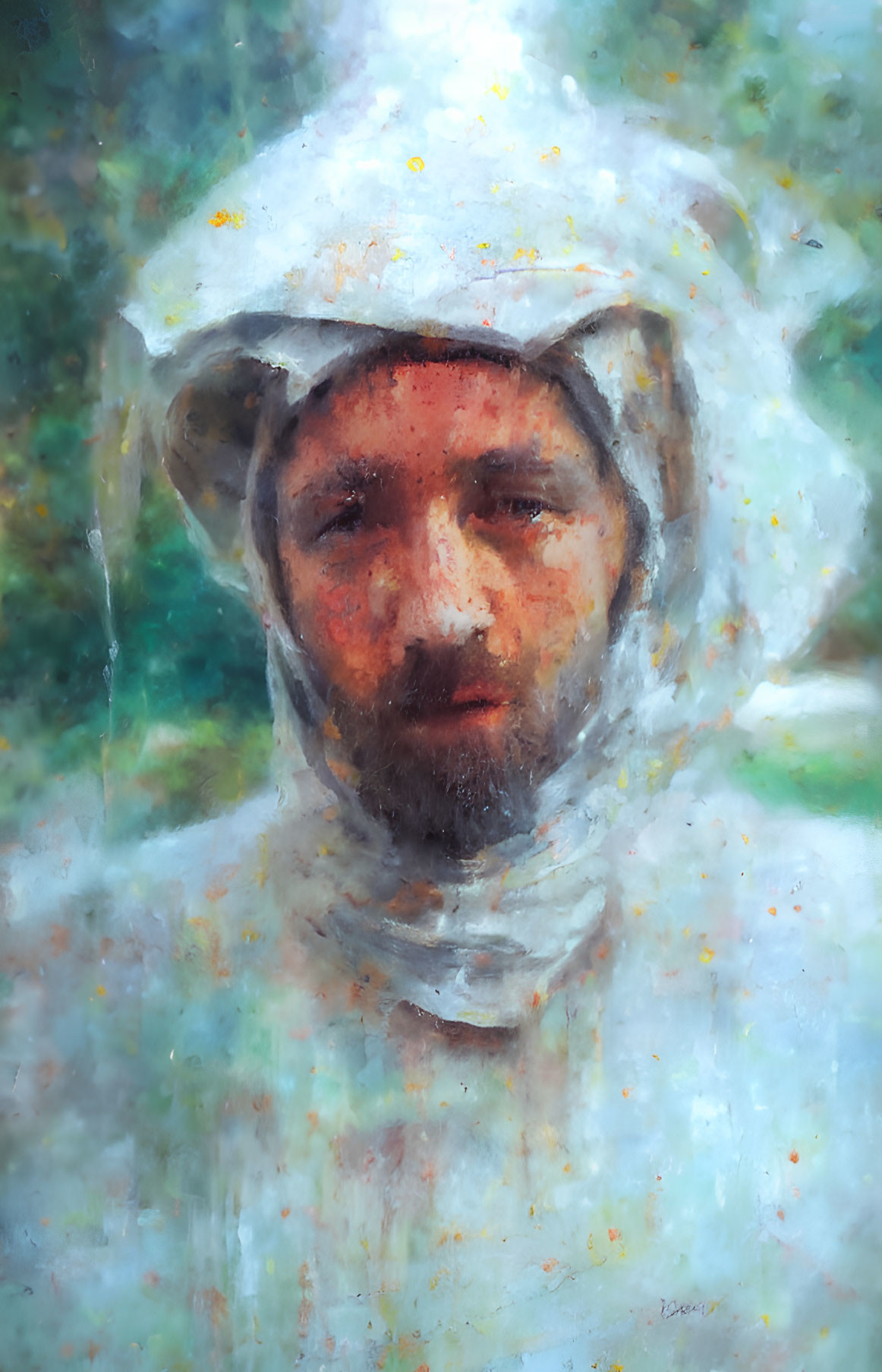 Person in Beekeeping Suit with Blurry Green Background