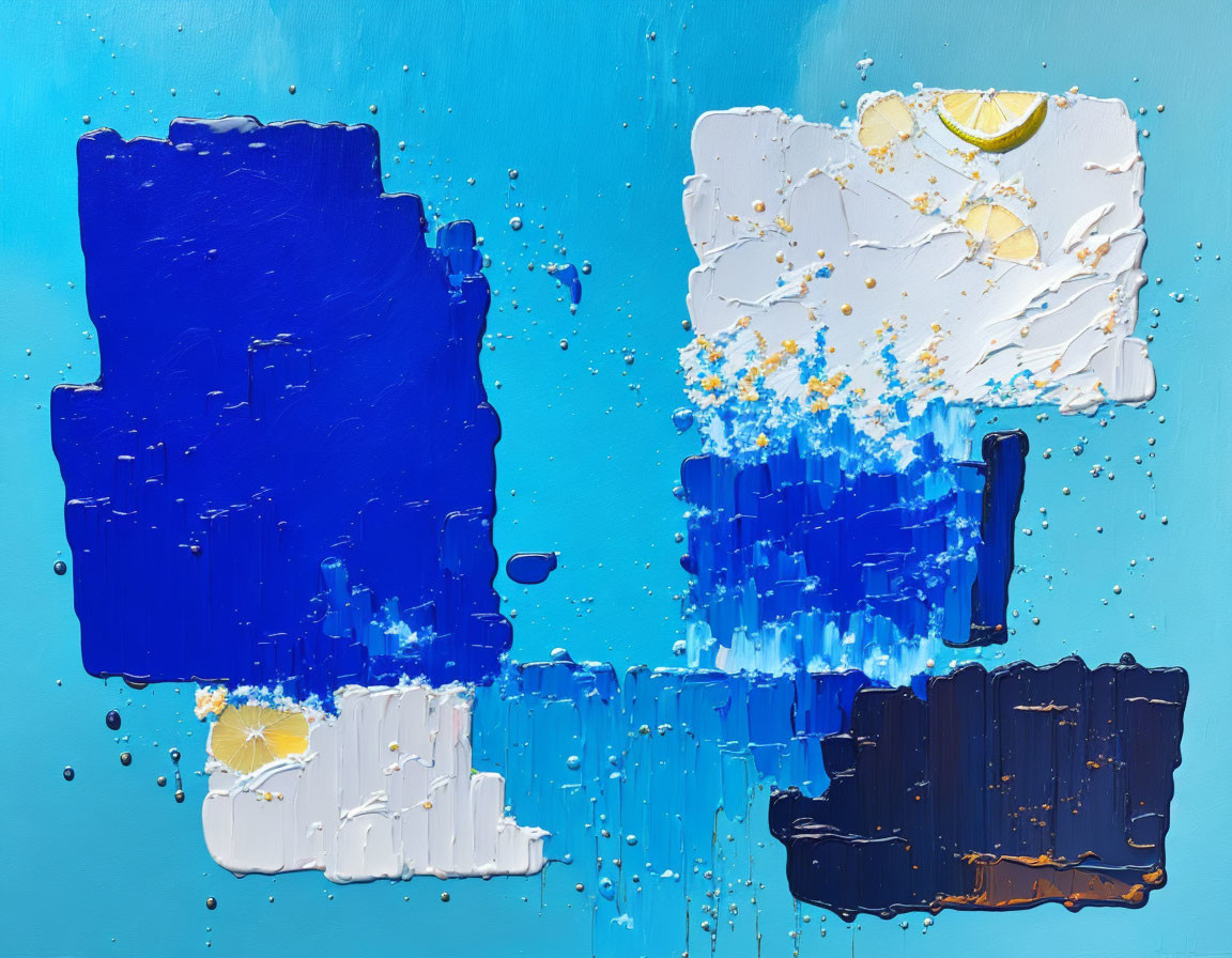 Abstract painting with thick textures in blue, white, and yellow colors with splatters and lemon slice motif