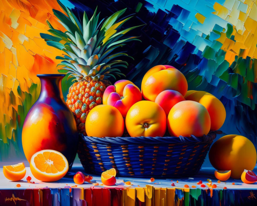 Colorful Still-Life Painting with Citrus Fruits and Pineapple