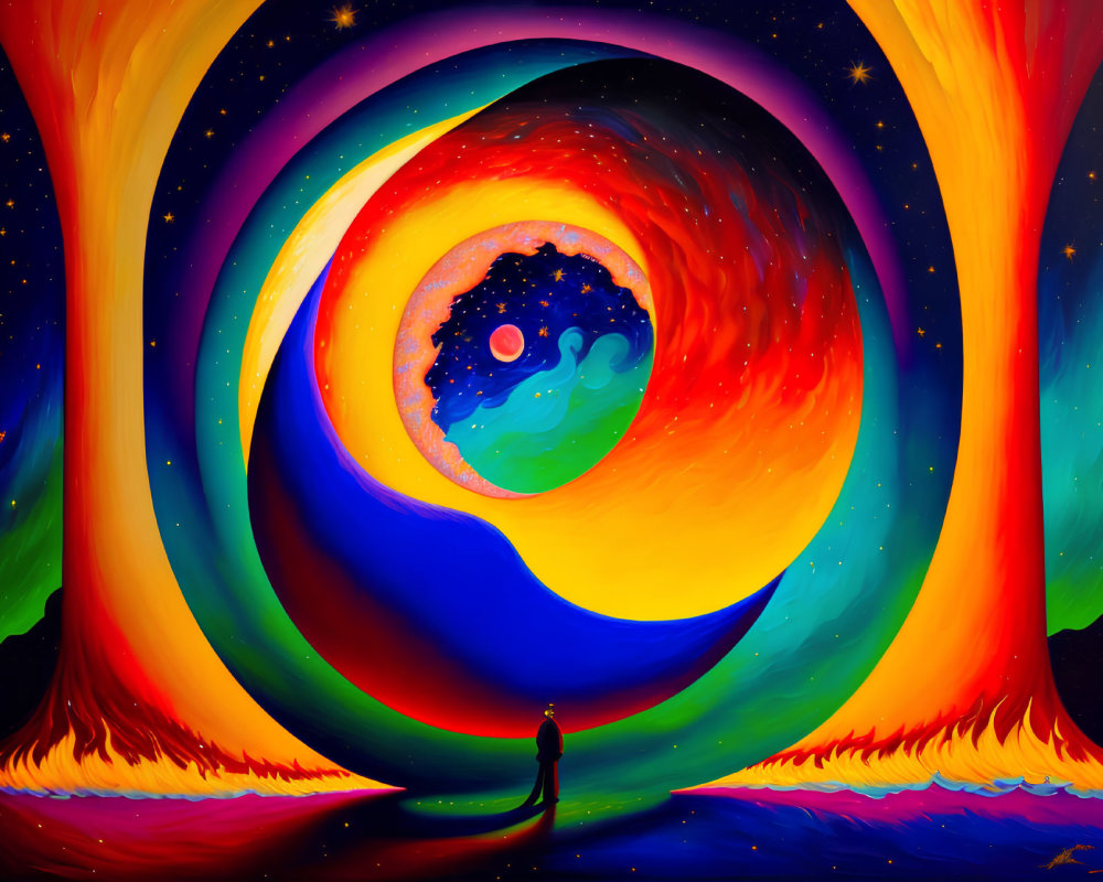 Colorful surreal landscape with figure and swirling vortex under starry sky