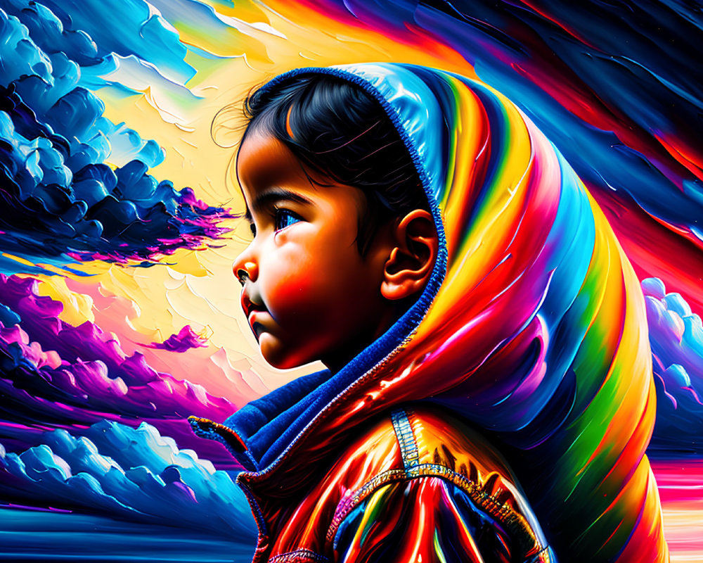 Colorful young girl with scarf in swirling sky scene