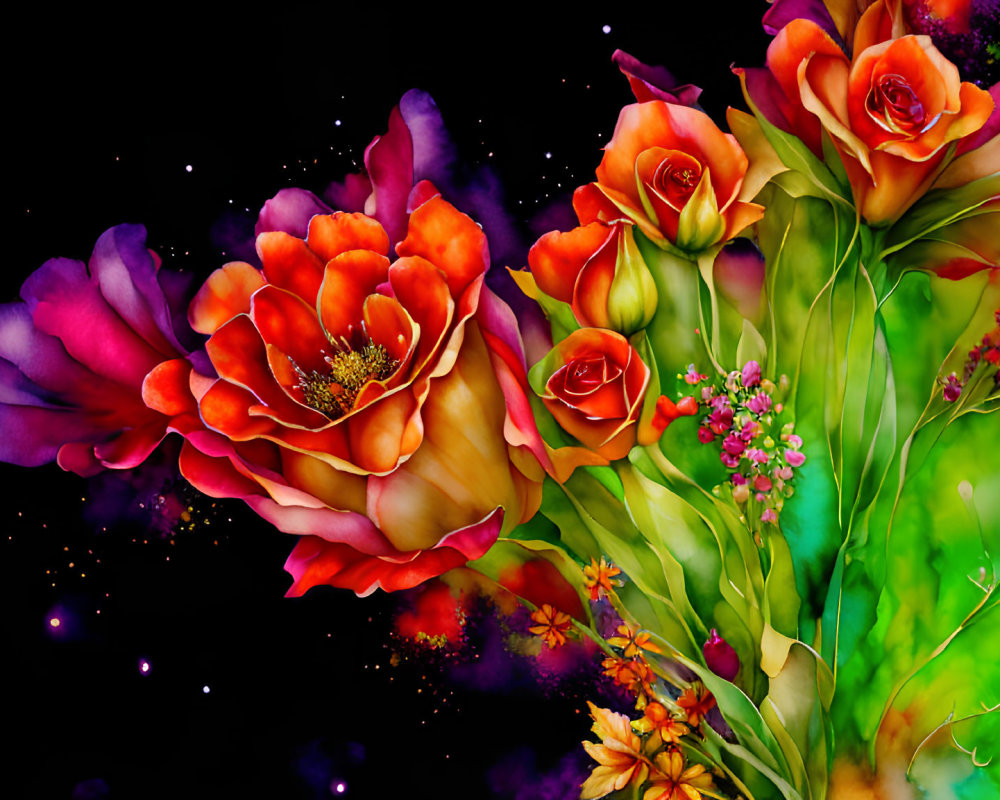 Colorful digital artwork featuring red-orange bloom flowers on dark background