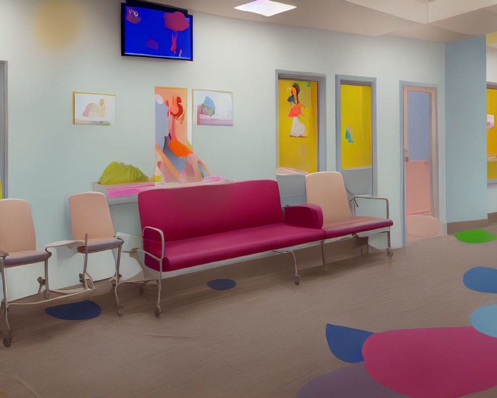 Vibrant Pediatric Waiting Room with Red Couch and Playful Decor