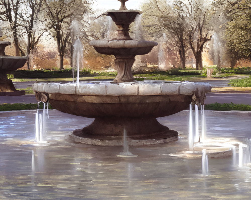 Tranquil park scene with stone fountains and lush trees