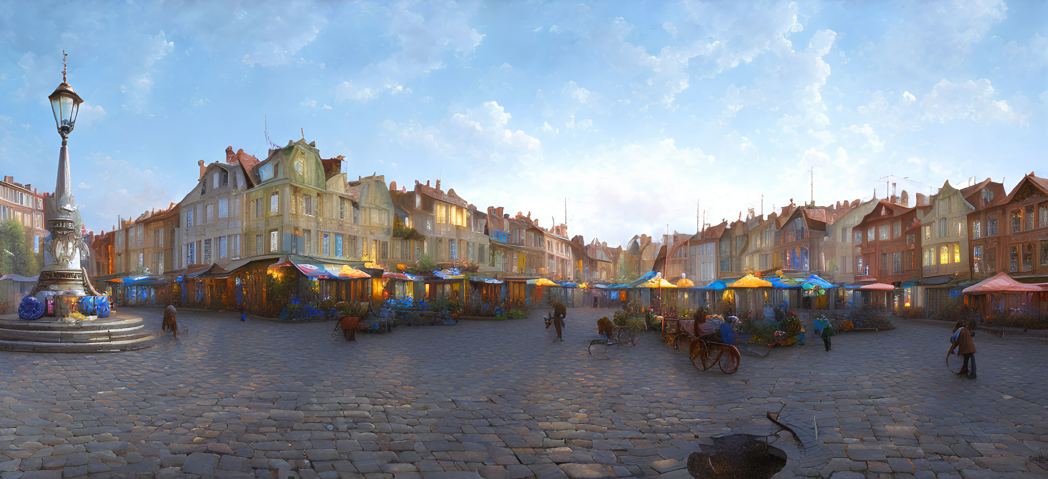 Colorful Market Square with Cobblestone Streets and Bustling Crowd at Golden Hour