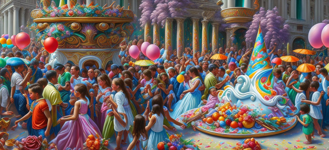 Colorful festival scene with blue and pink outfits, floats, balloons, and decorations in ornate building