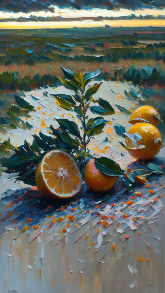 Colorful oil painting of sliced oranges on textured surface with dramatic sunset backdrop