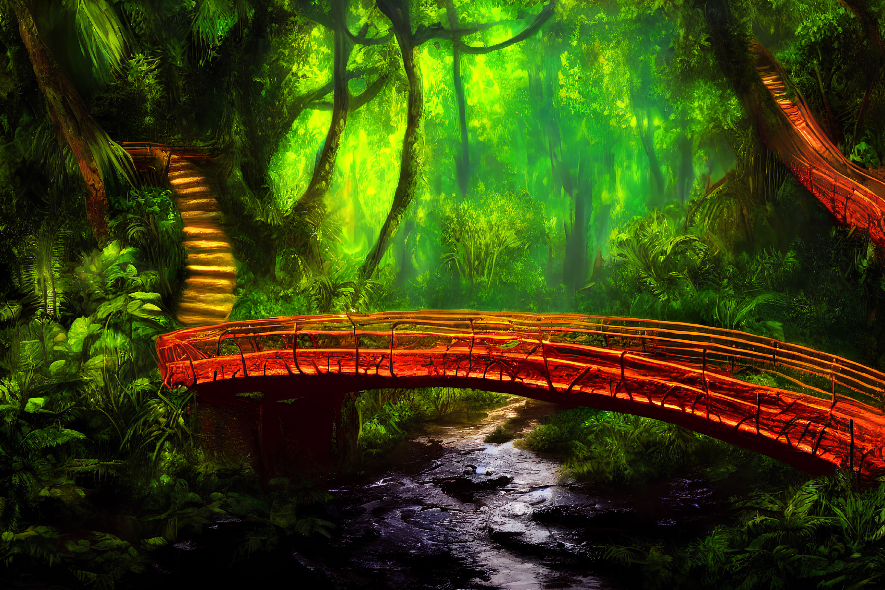 Vivid green forest with meandering river and red bridge