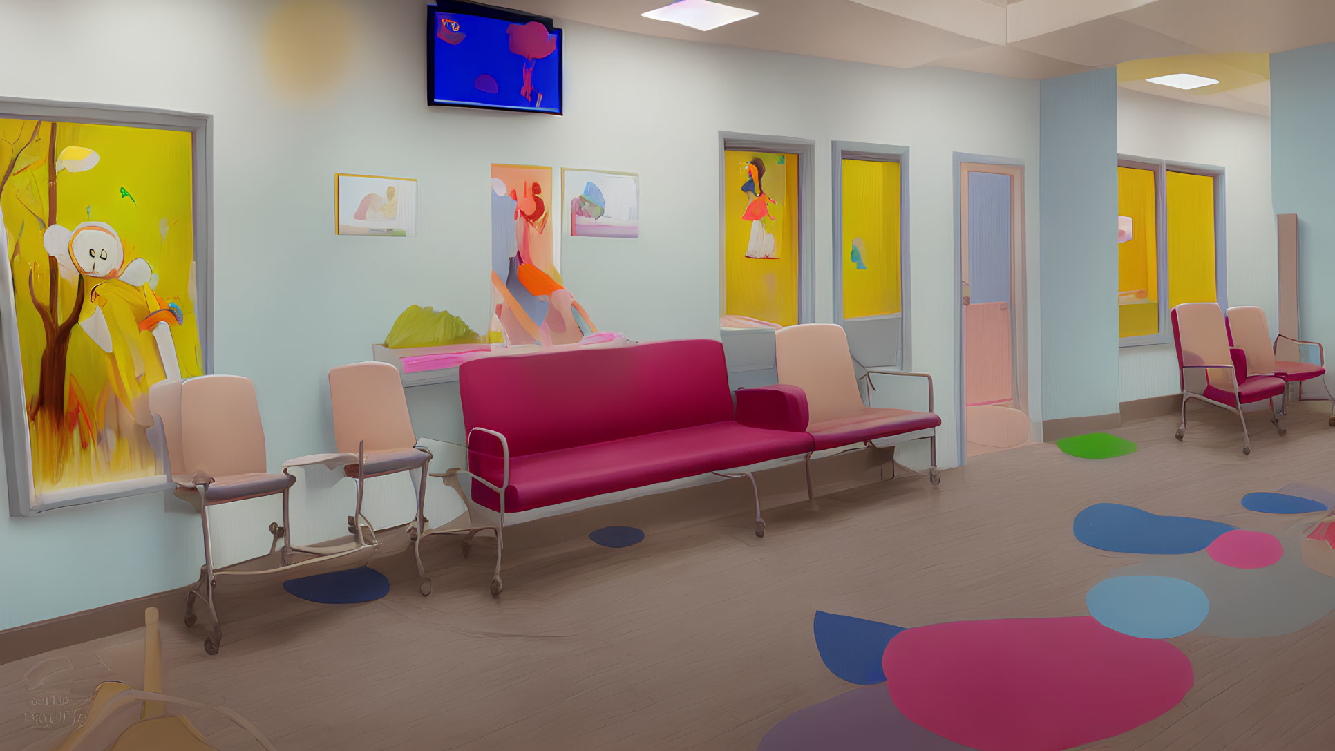 Vibrant Pediatric Waiting Room with Red Couch and Playful Decor