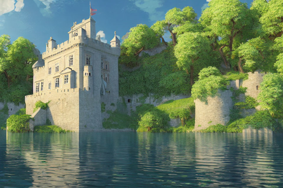 Stone castle in lush greenery by tranquil lake under clear blue sky