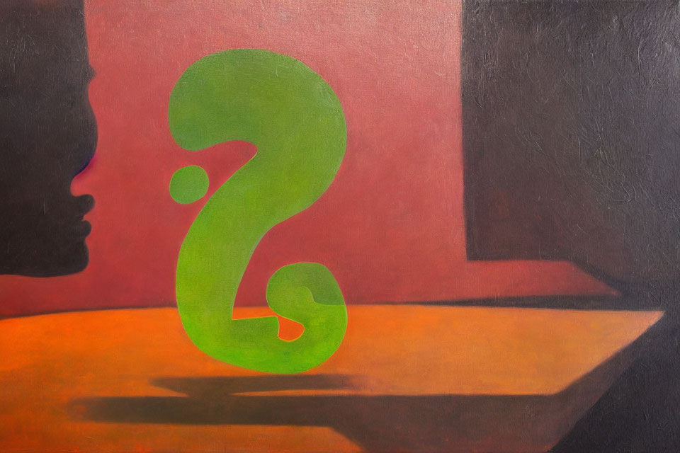 Abstract painting featuring silhouette profile and green question mark in room with red and brown walls.