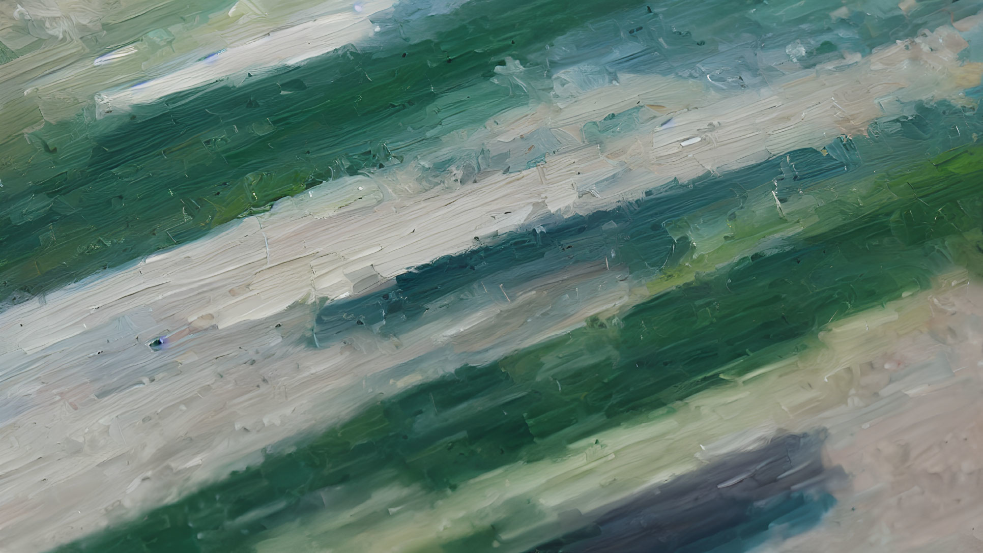 Abstract painting with textured green, white, and black brushstrokes