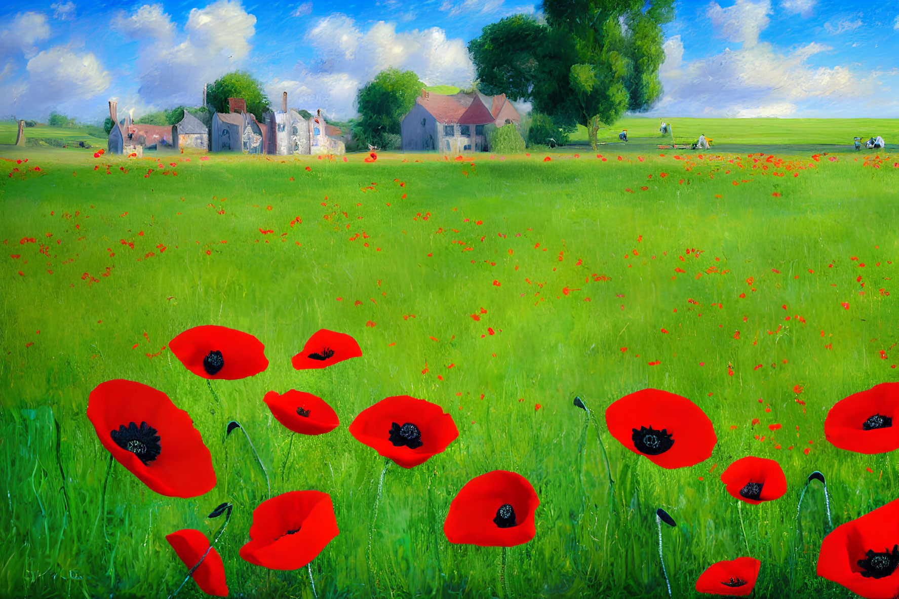 Colorful poppy field painting with greenery, red flowers, blue sky, fluffy clouds, and