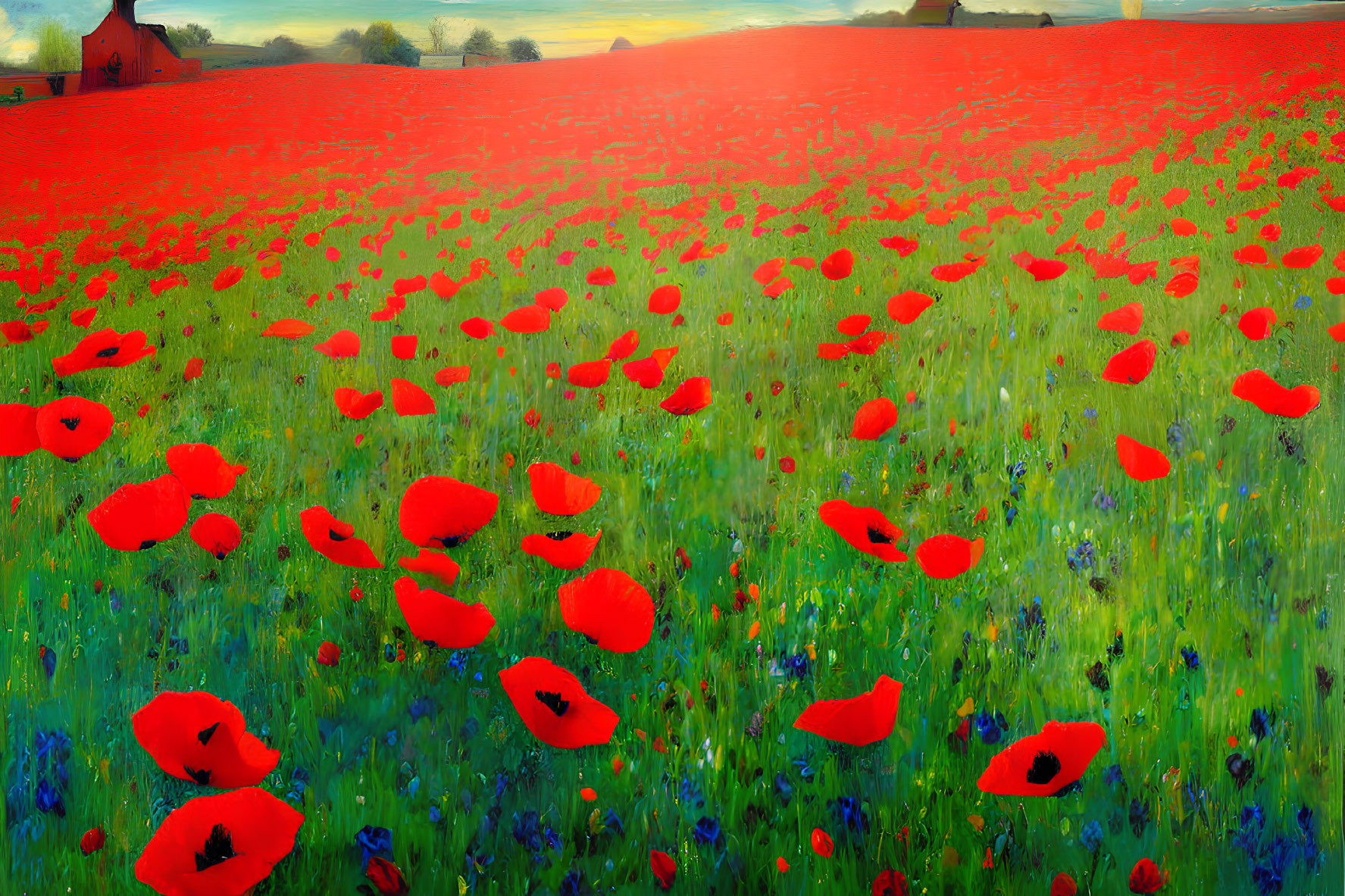 Scenic red poppy field with wildflowers and distant barn under warm sky