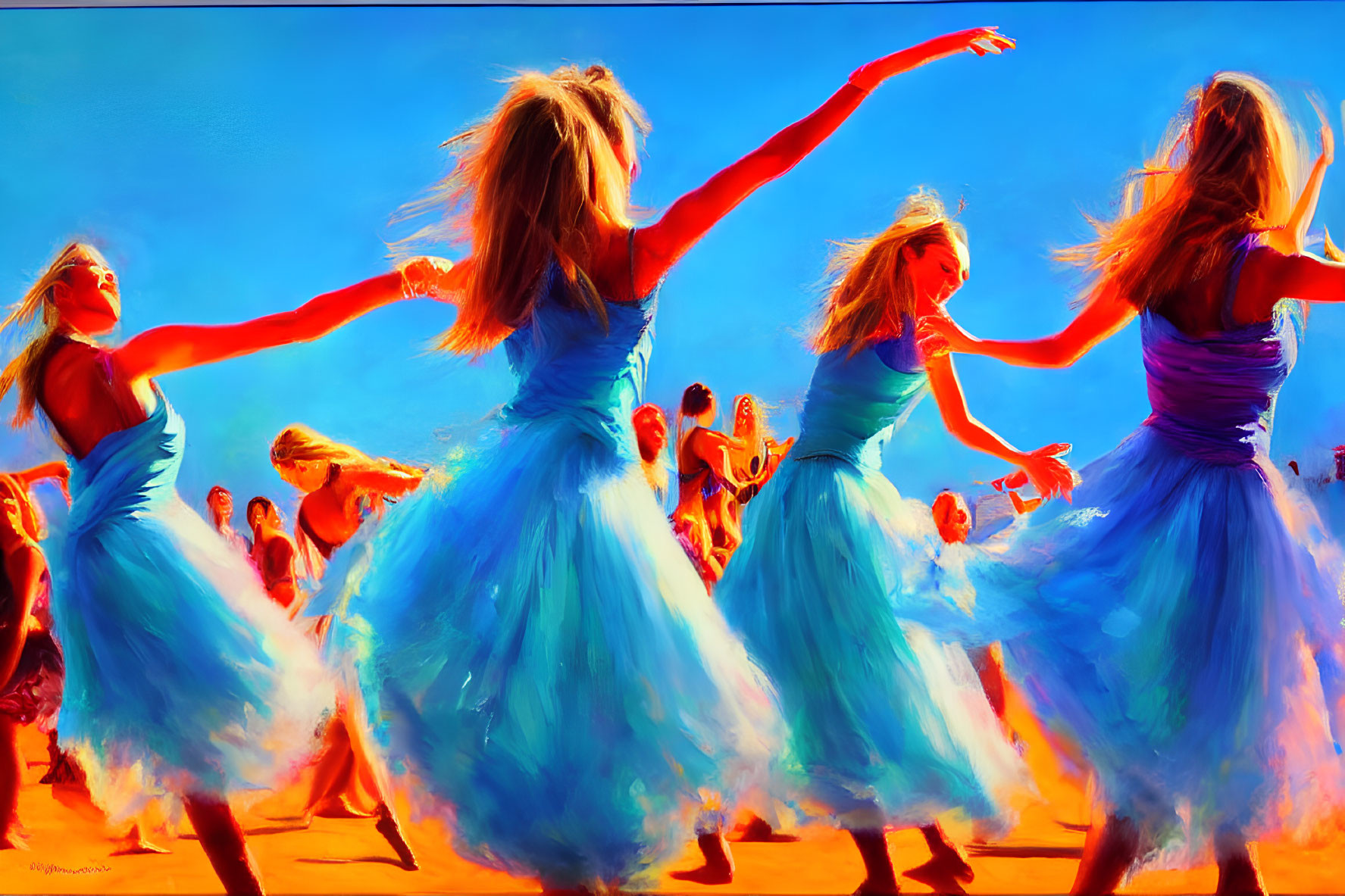 Colorful painting of women dancing in blue dresses with expressive brushstrokes and warm background
