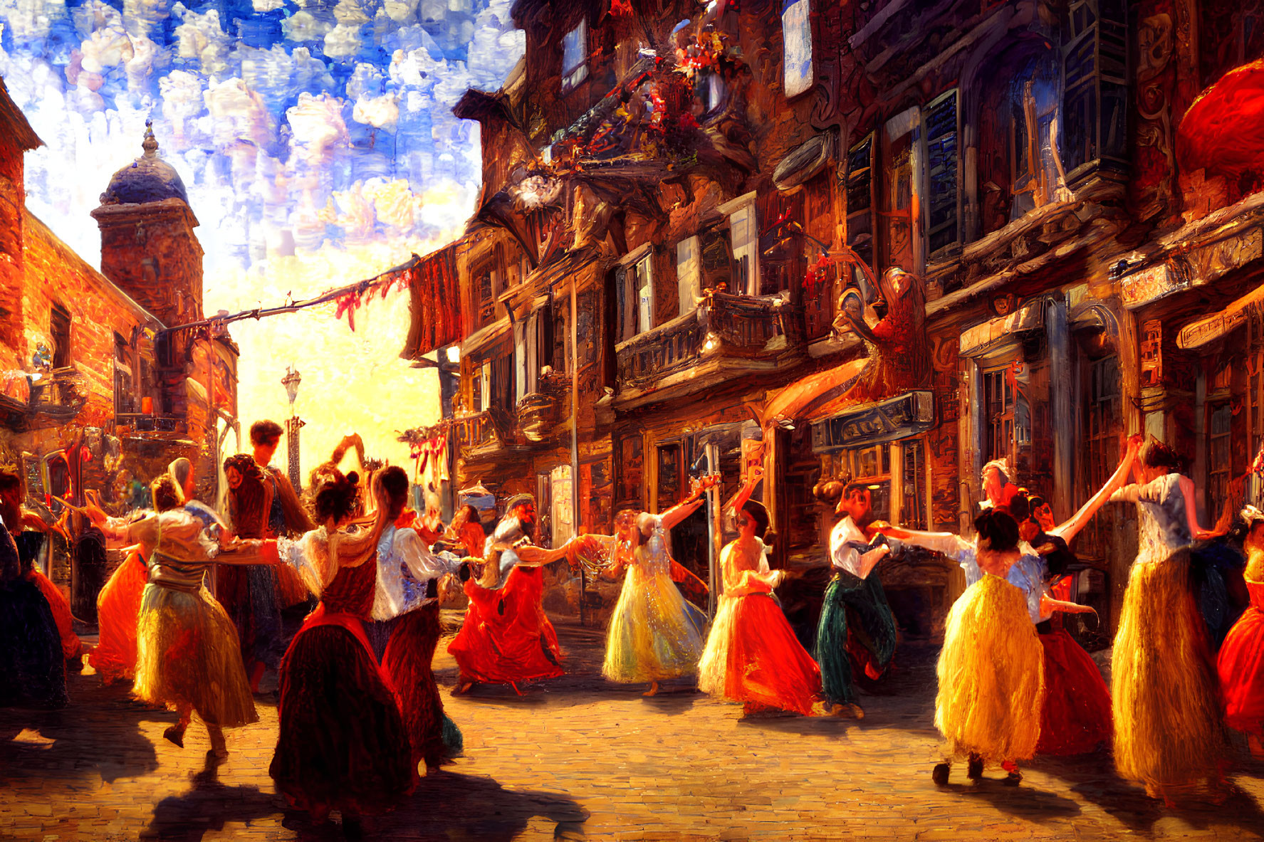 Traditional attire dancers in vibrant street scene at sunset
