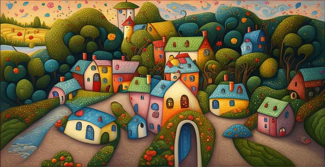 Colorful village painting with stylized houses in rolling hills